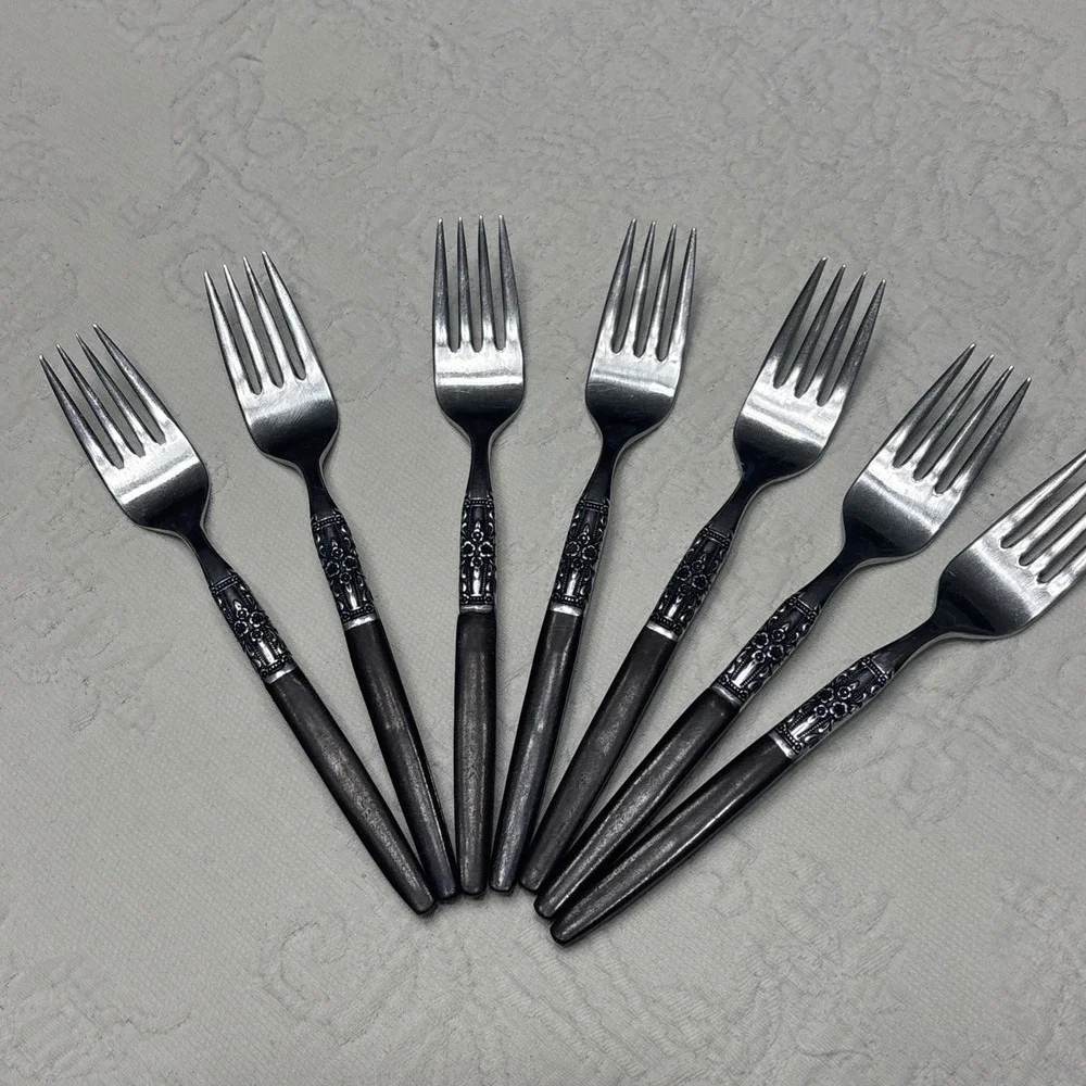 7 Oneida Napa Valley Northland Japan Wood Handle Mid Century Salad Forks 6 5/8